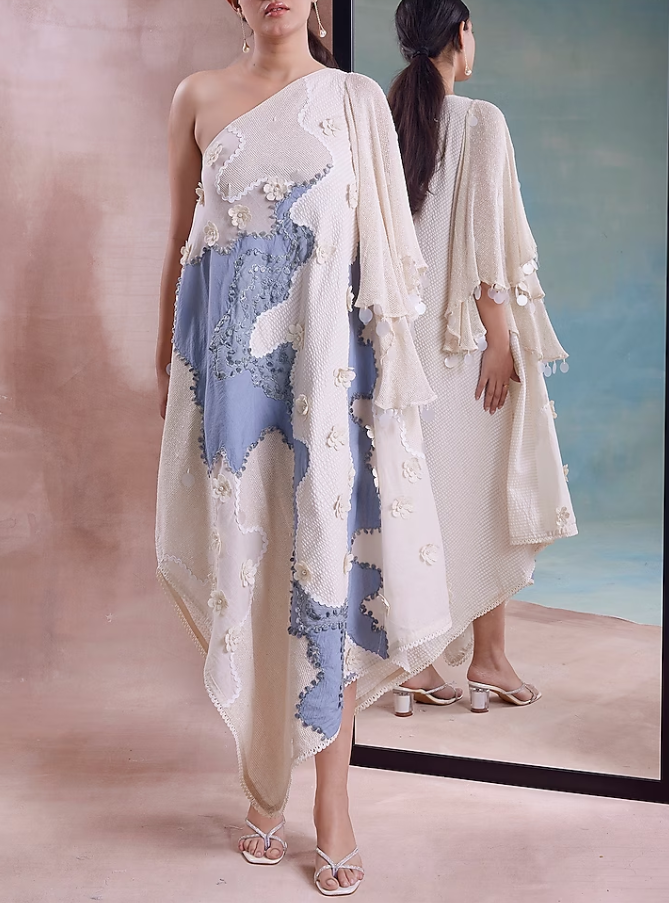 Ivory & Cerulean Organic Cotton One-Shoulder Scarf Dress