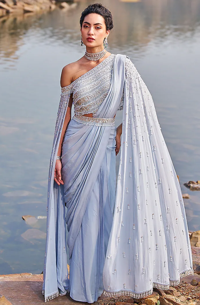 Aqua Crepe Sequins Embroidered Draped Saree Set