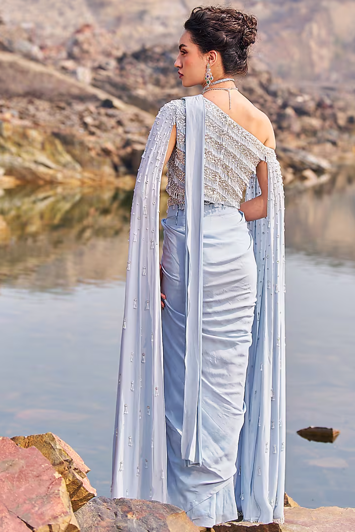 Aqua Crepe Sequins Embroidered Draped Saree Set