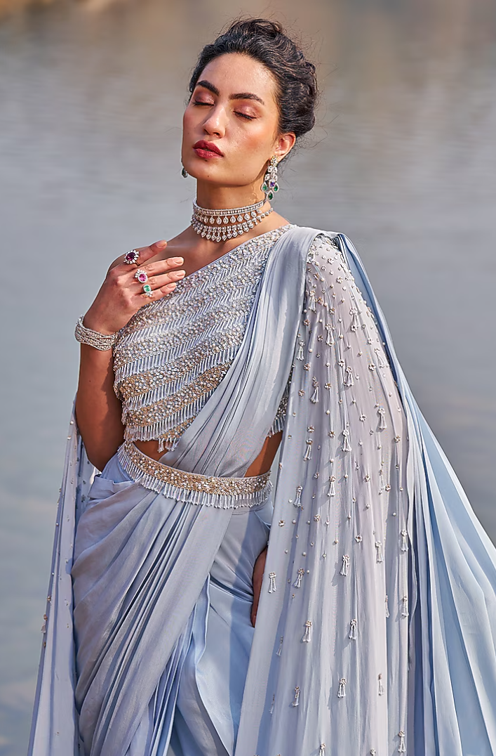 Aqua Crepe Sequins Embroidered Draped Saree Set