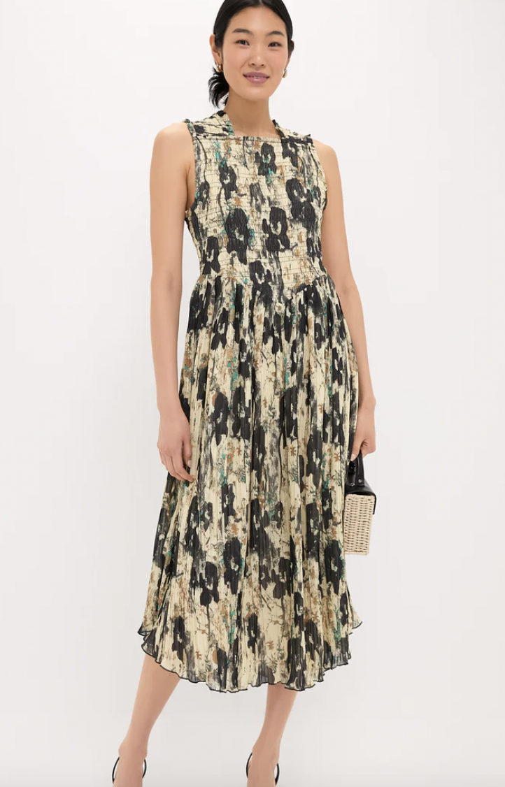 Printed Pleats Smock Midi Straps Dress (Afterglow colour)