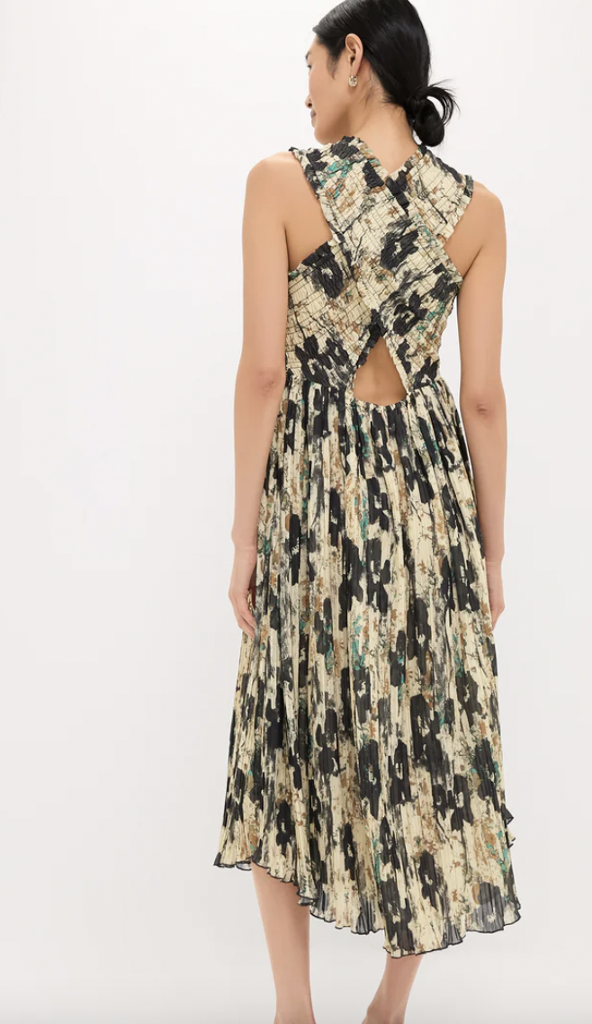 Printed Pleats Smock Midi Straps Dress (Afterglow colour)