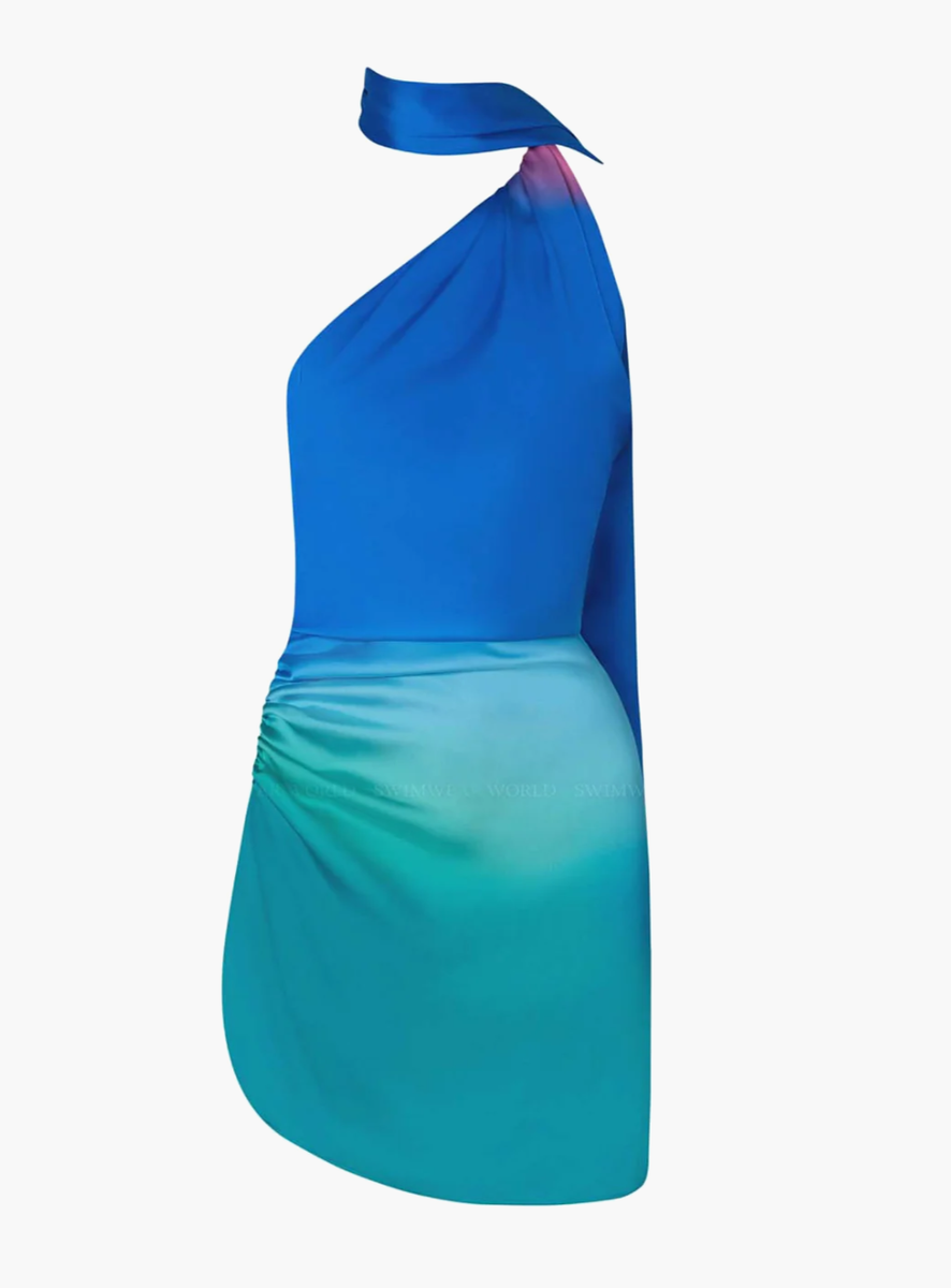 Off the shoulder Blue ombre mini dress with necktie