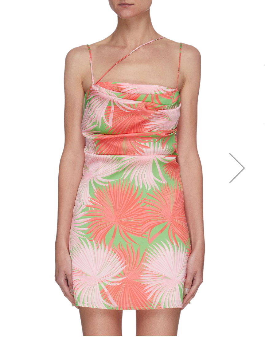 De La Vali palm print asymmetric spaghetti strap satin mini dress
