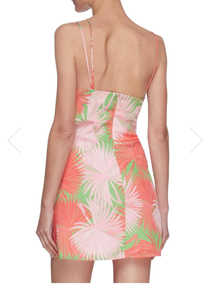 De La Vali palm print asymmetric spaghetti strap satin mini dress