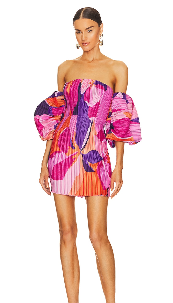 L'IDEE pink floral pleated strapless dress with sleeves