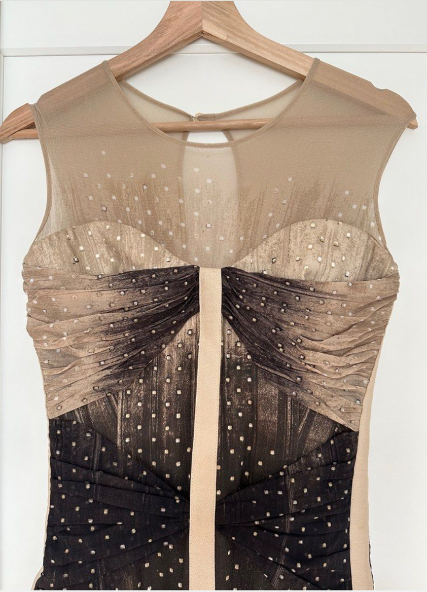 Roberto Cavalli nude and black/white polka dot structured dress