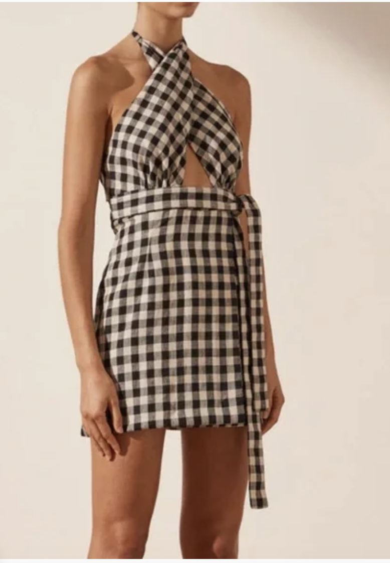 Shona Joy Aimee Linen Gingham Halter Dress