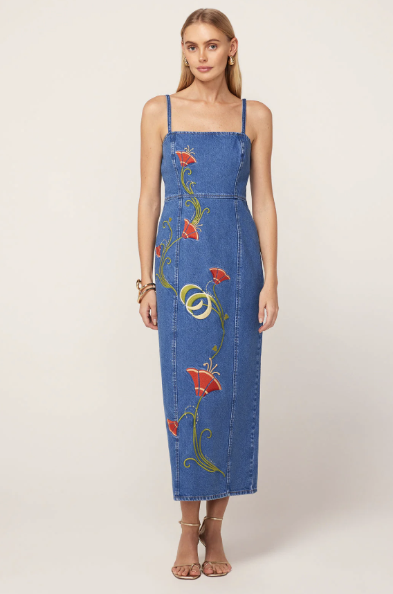 Kitri Ursula Embroidered Denim Midi Dress