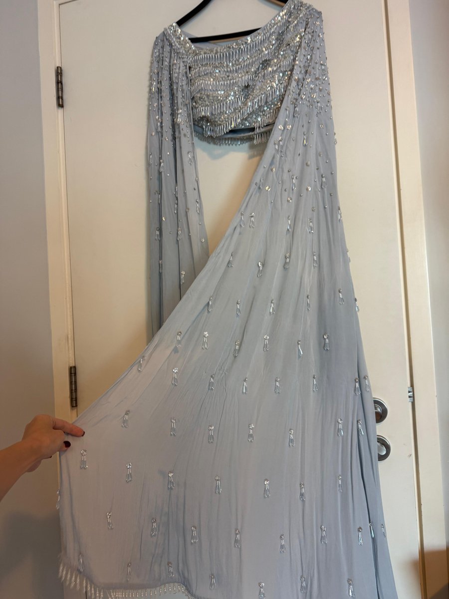 Aqua Crepe Sequins Embroidered Draped Saree Set