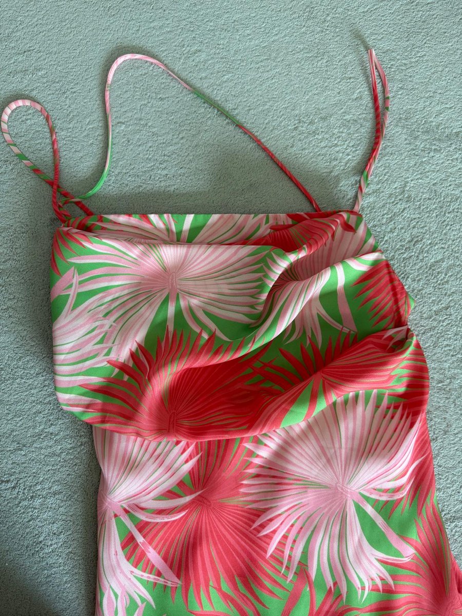 De La Vali palm print asymmetric spaghetti strap satin mini dress