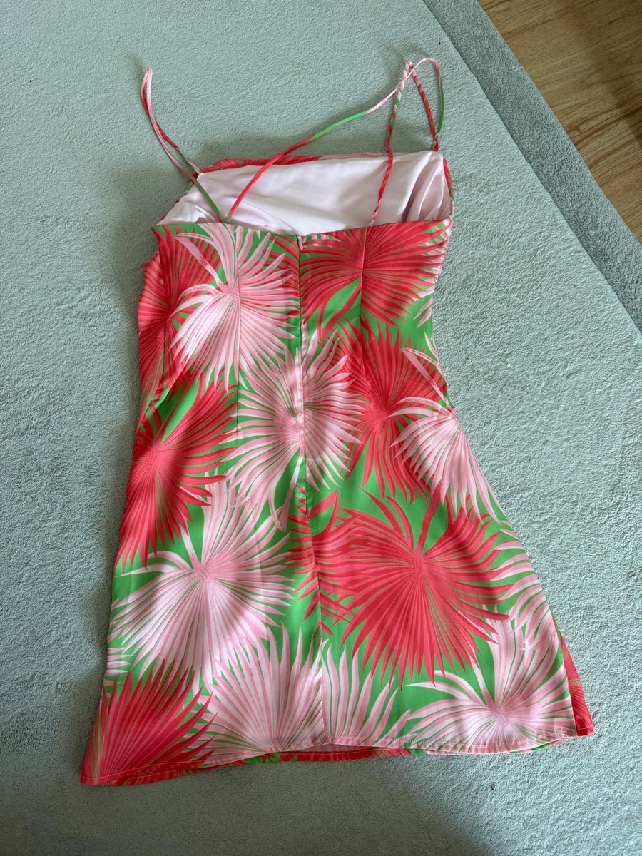 De La Vali palm print asymmetric spaghetti strap satin mini dress