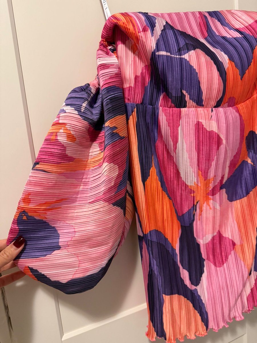 L'IDEE pink floral pleated strapless dress with sleeves