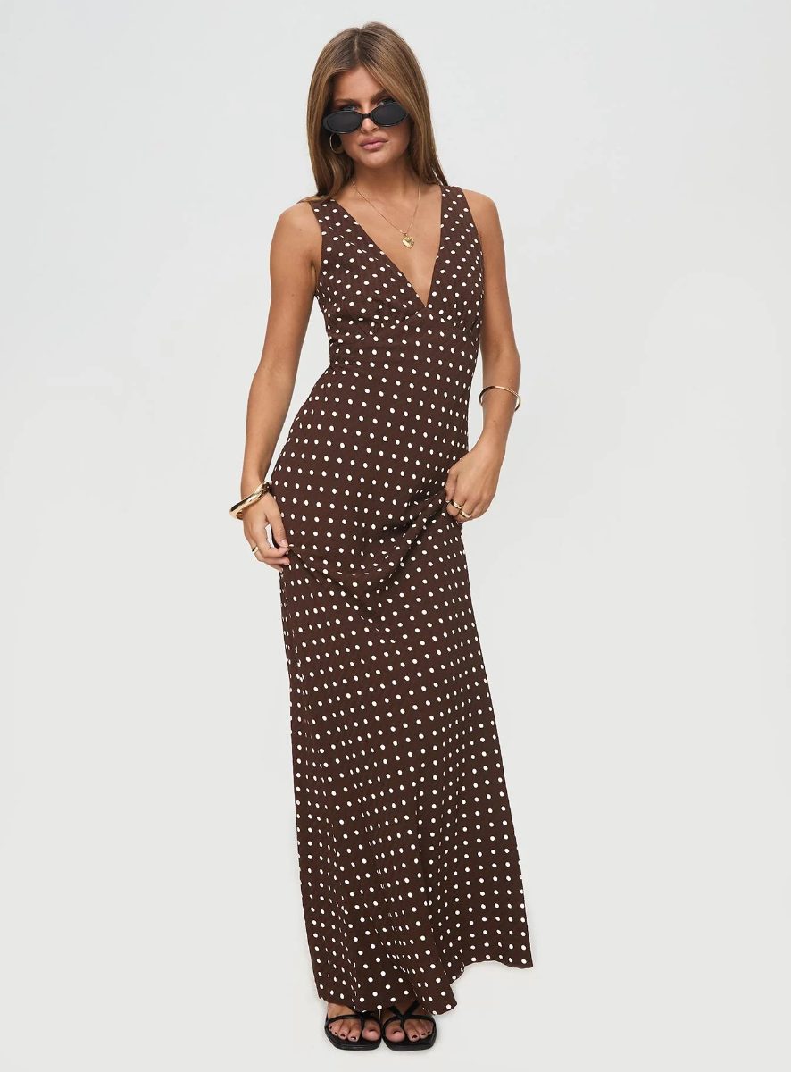 Princess Polly Brown Polka Dot Maxi Dress