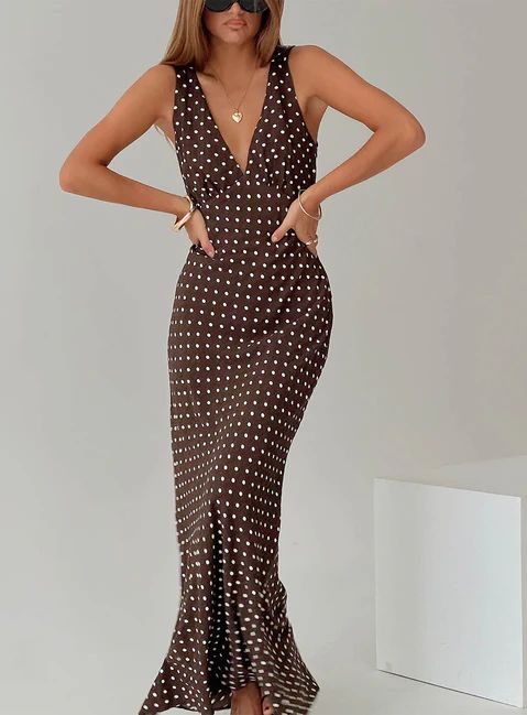 Princess Polly Brown Polka Dot Maxi Dress