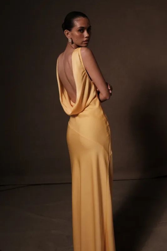 Meshki Yellow Cowl Back Satin Dress