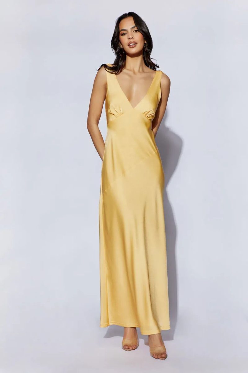 Meshki Yellow Cowl Back Satin Dress