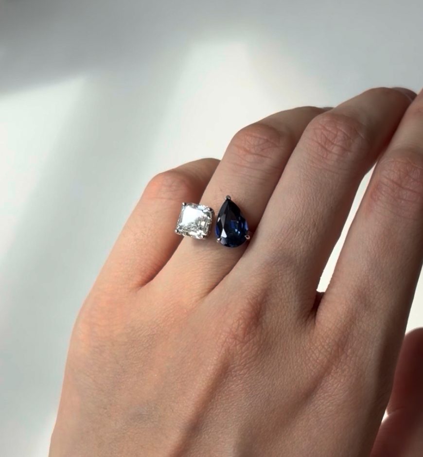 Assher Diamond and Pear Sapphire Toi & Moi Ring