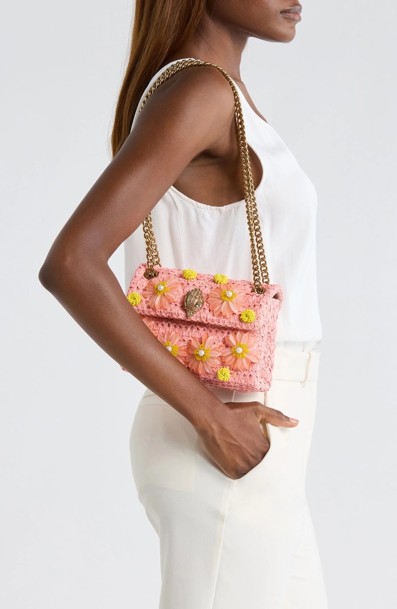 Kurt Geiger London Mini Raffia Kensington Crossbody Bag – Pink Floral Appliqué
