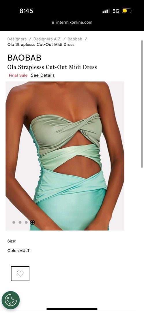 Baobab strapless cut out midi dress in green (size S)