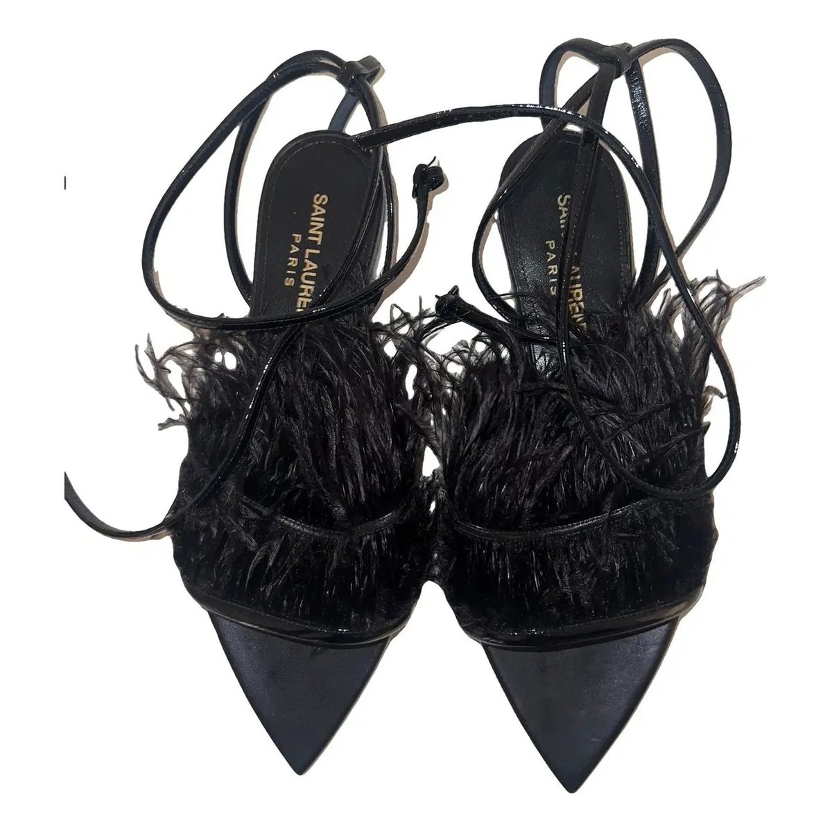 Saint Laurent Feather-Trim Ankle-Wrap Sandals – Black Leather