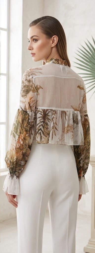 Natacha Van Sheer Botanical Print Crop Blouse – White/Pattern