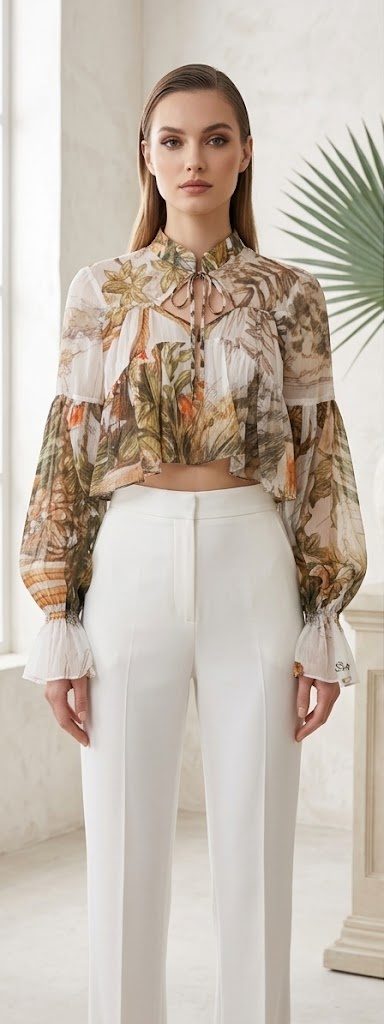 Natacha Van Sheer Botanical Print Crop Blouse – White/Pattern