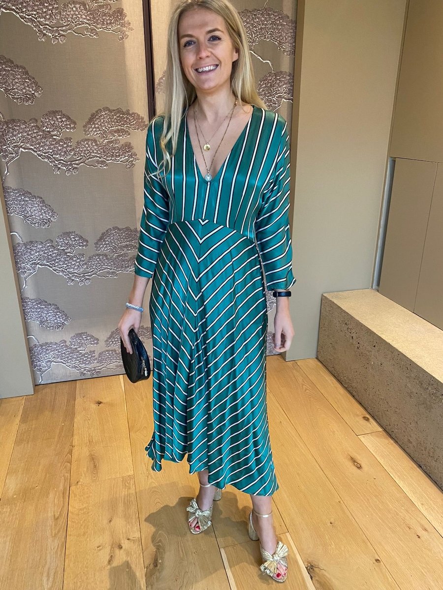 Ghost Green Striped Satin Midi V Neck Dress