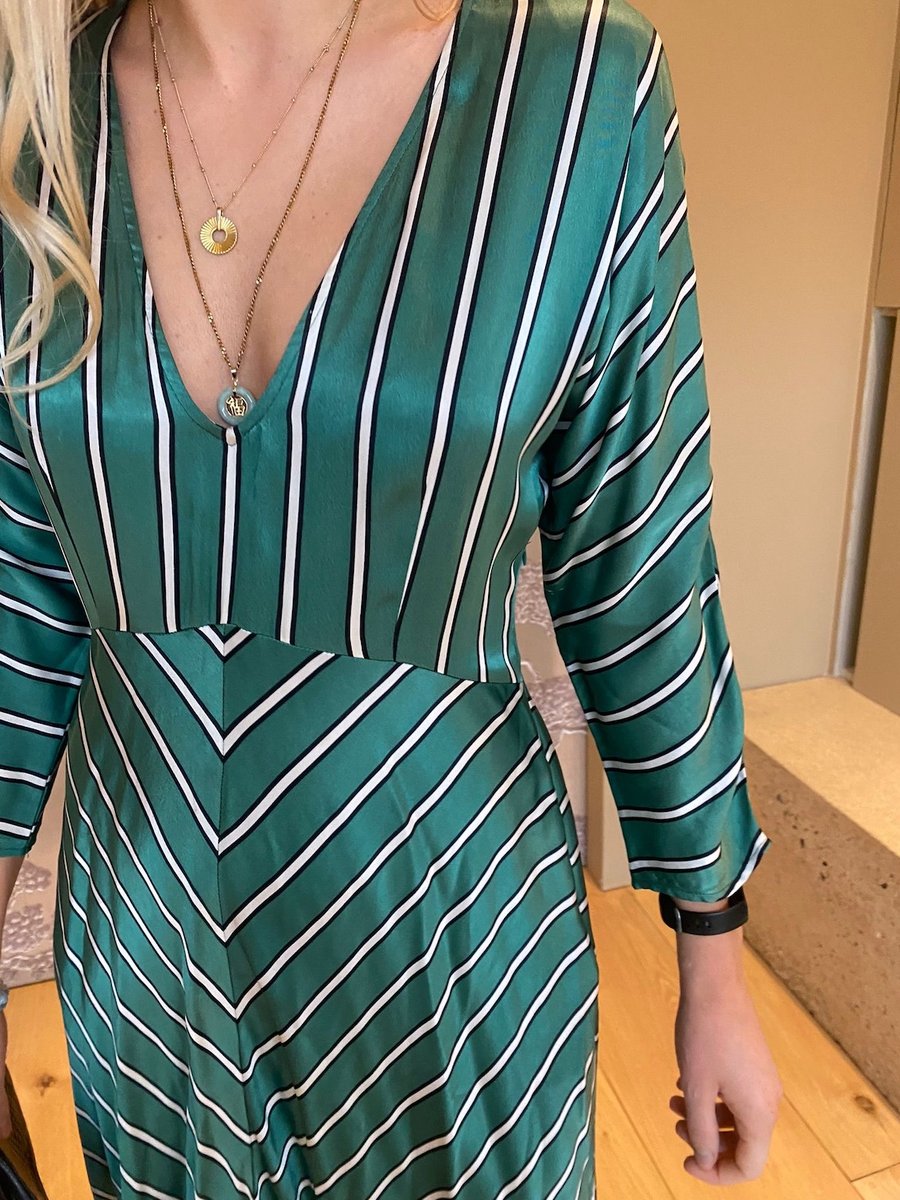 Ghost Green Striped Satin Midi V Neck Dress