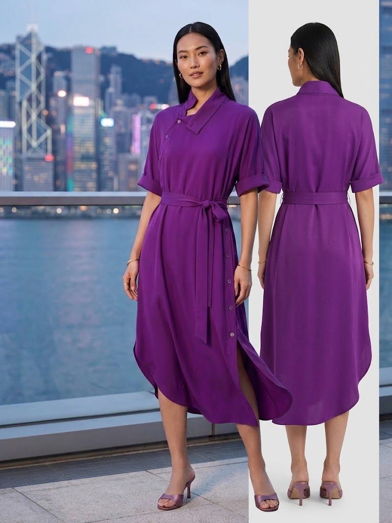 Shanghai Tang Asymmetrical Button-Down Shirt Dress – Purple