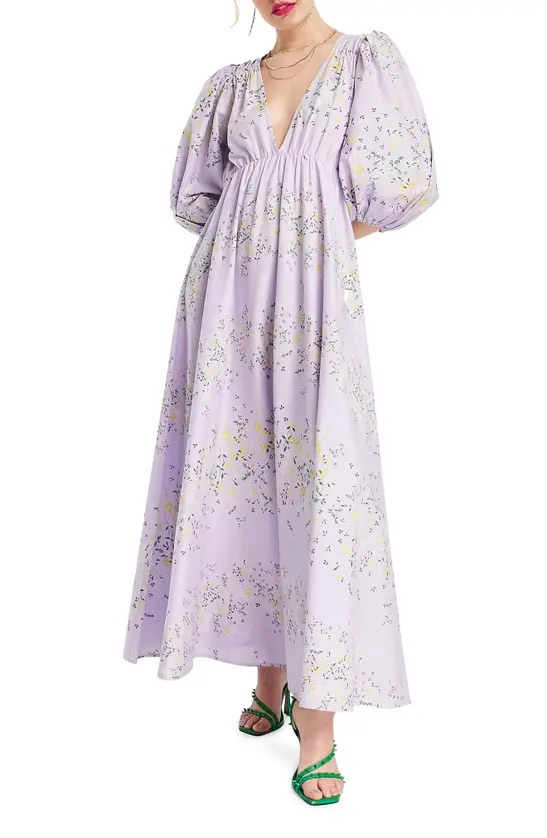 Puff Sleeve Poplin Lilac Floral Midi Dress