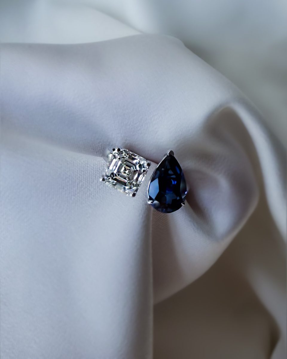Assher Diamond and Pear Sapphire Toi & Moi Ring