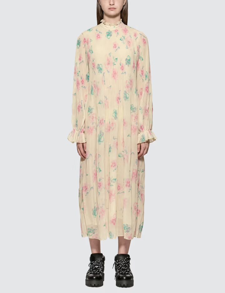 Ganni ruffled floral-print plissé-georgette midi dress
