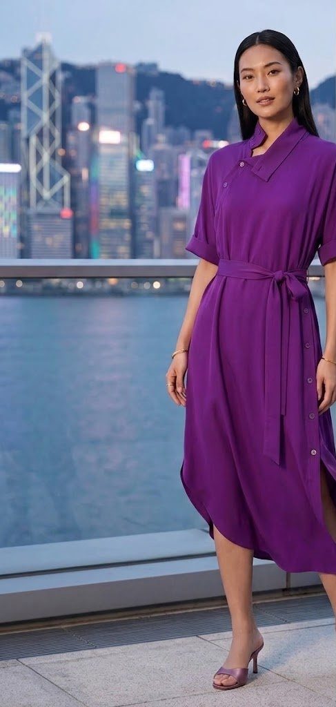 Shanghai Tang Asymmetrical Button-Down Shirt Dress – Purple