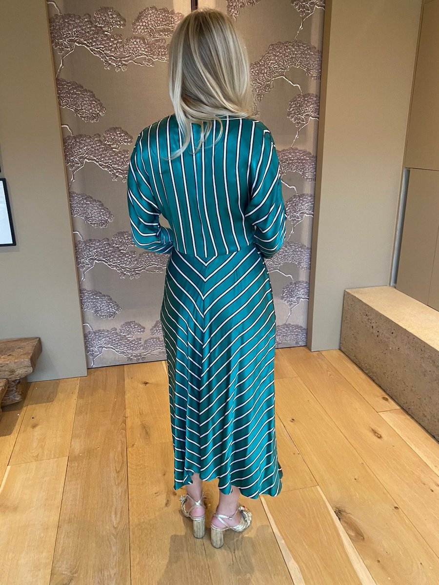 Ghost Green Striped Satin Midi V Neck Dress