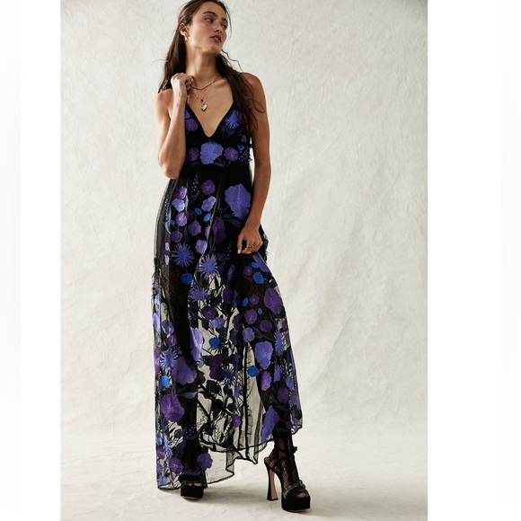 For Love Lemons Kaylee Bold Vibrant Floral Embroidered Sheer Maxi Dress