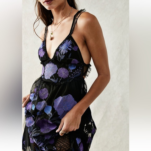For Love Lemons Kaylee Bold Vibrant Floral Embroidered Sheer Maxi Dress