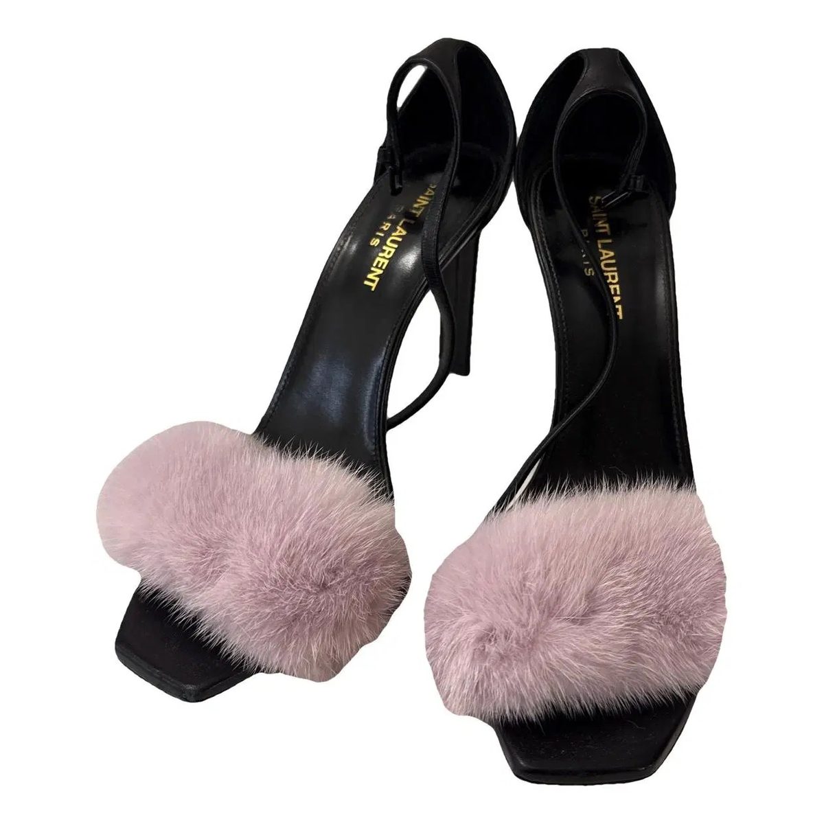 Saint Laurent Bea Mink Fur Square-Toe Stiletto Sandals – Black/Lilac
