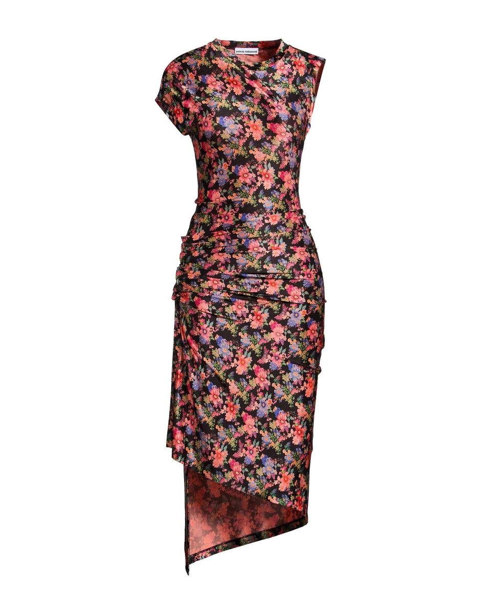 Paco Rabanne Floral-Print Ruched Midi Dress – Red/Blue Botanical