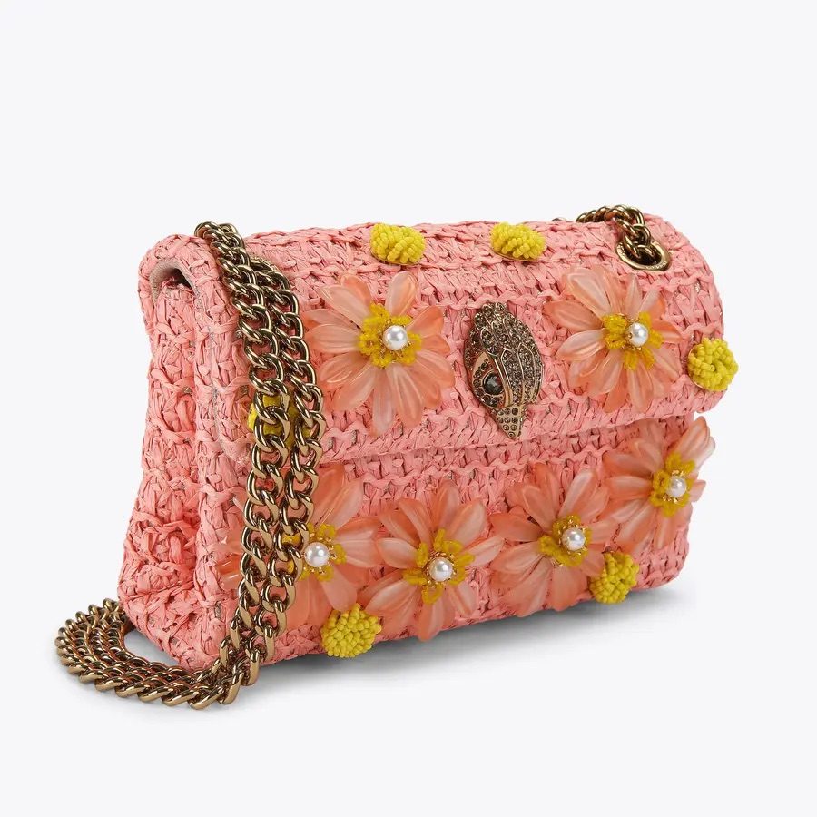 Kurt Geiger London Mini Raffia Kensington Crossbody Bag – Pink Floral Appliqué
