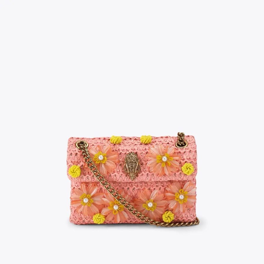 Kurt Geiger London Mini Raffia Kensington Crossbody Bag – Pink Floral Appliqué