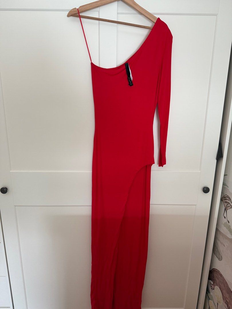 Red off shoulder maxi dress by AQ/AQ