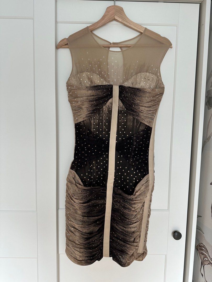 Roberto Cavalli nude and black/white polka dot structured dress