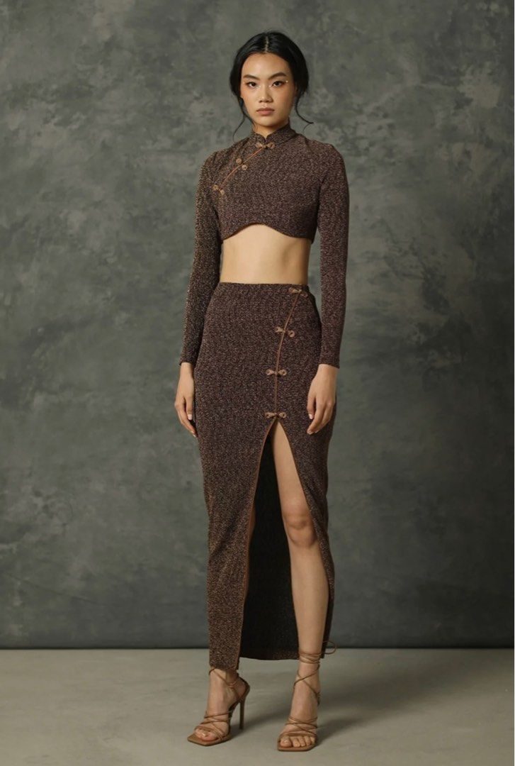 Sau Lee Dylan Two-Piece Knit Dress – Brown/Gold with Frog Buttons