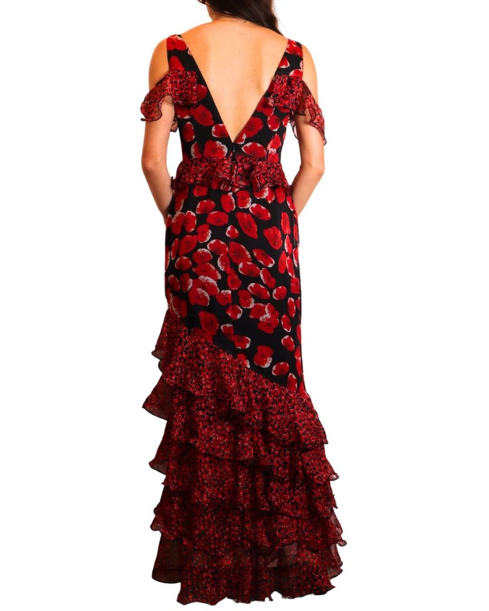 Sau Lee Long Red Floral Dress