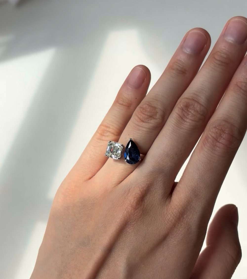 Assher Diamond and Pear Sapphire Toi & Moi Ring