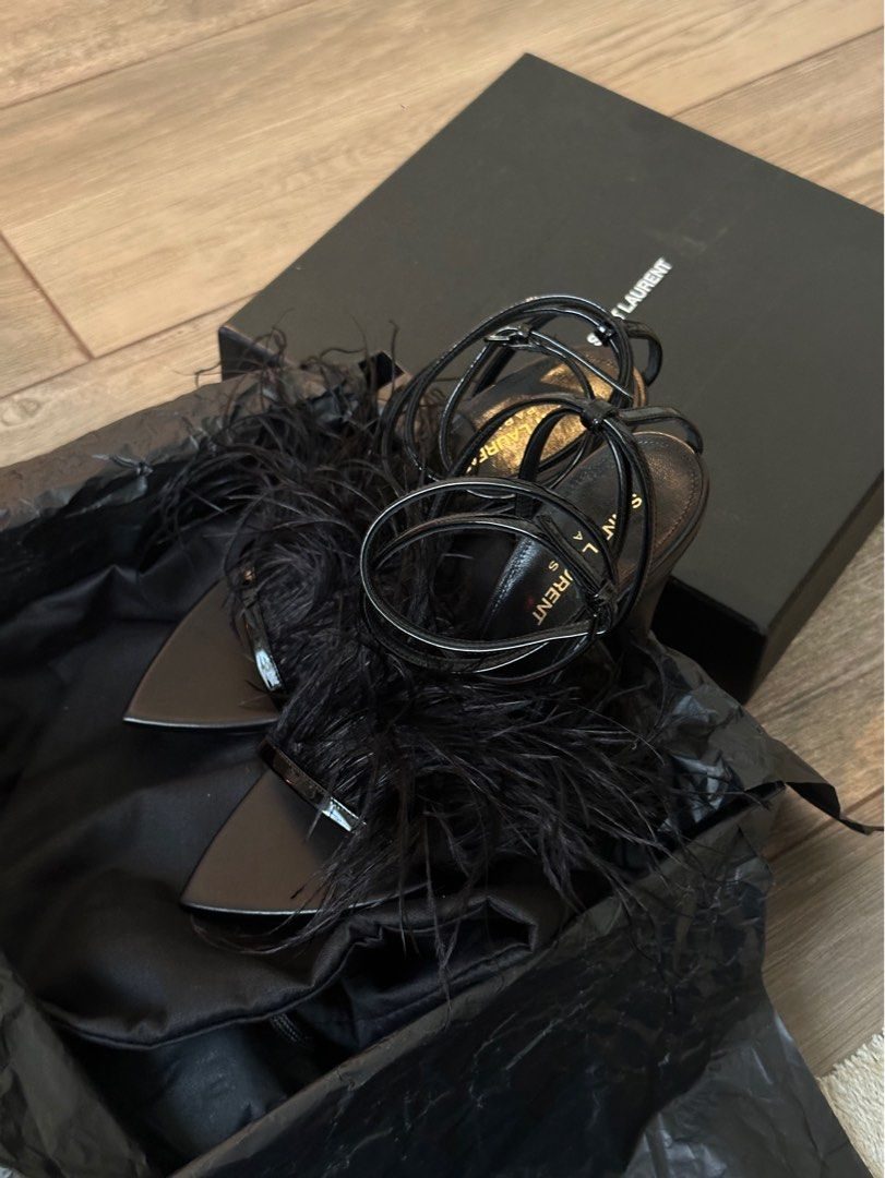 Saint Laurent Feather-Trim Ankle-Wrap Sandals – Black Leather