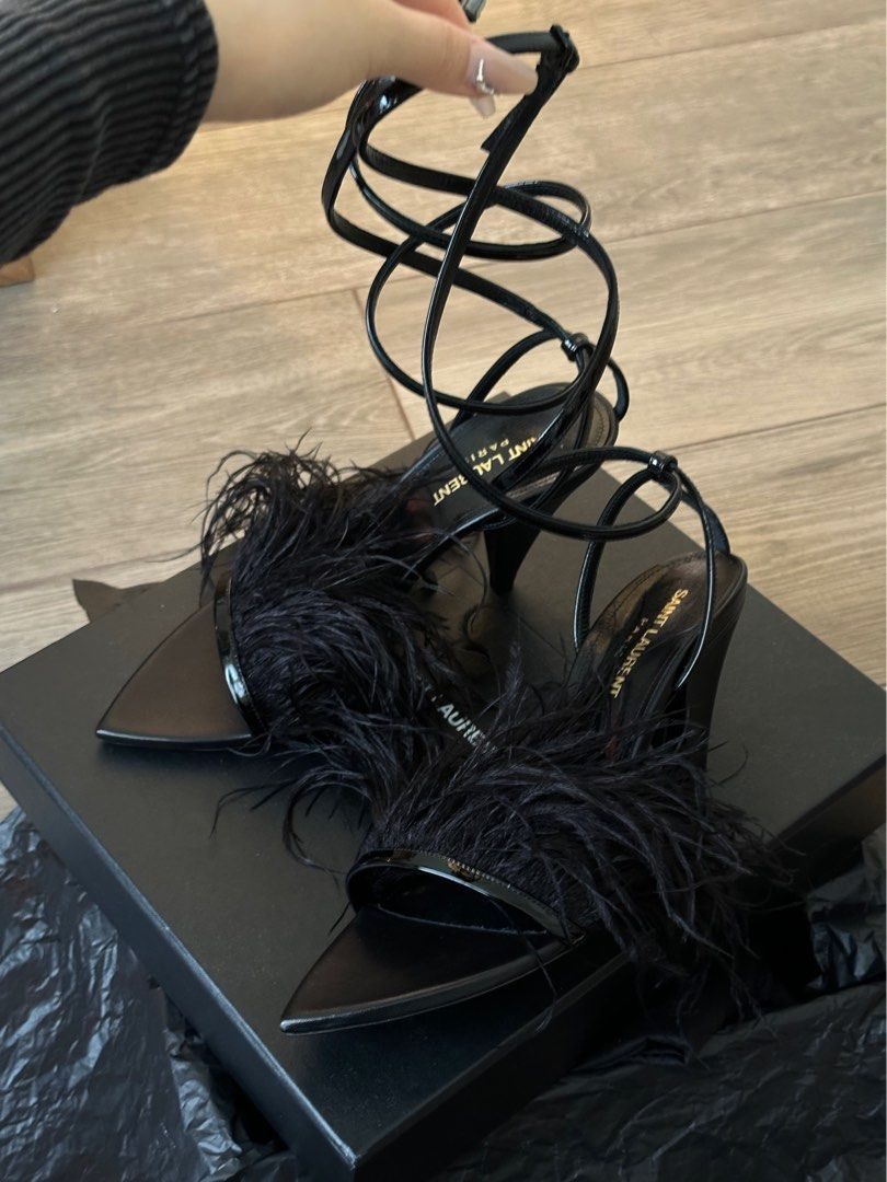 Saint Laurent Feather-Trim Ankle-Wrap Sandals – Black Leather
